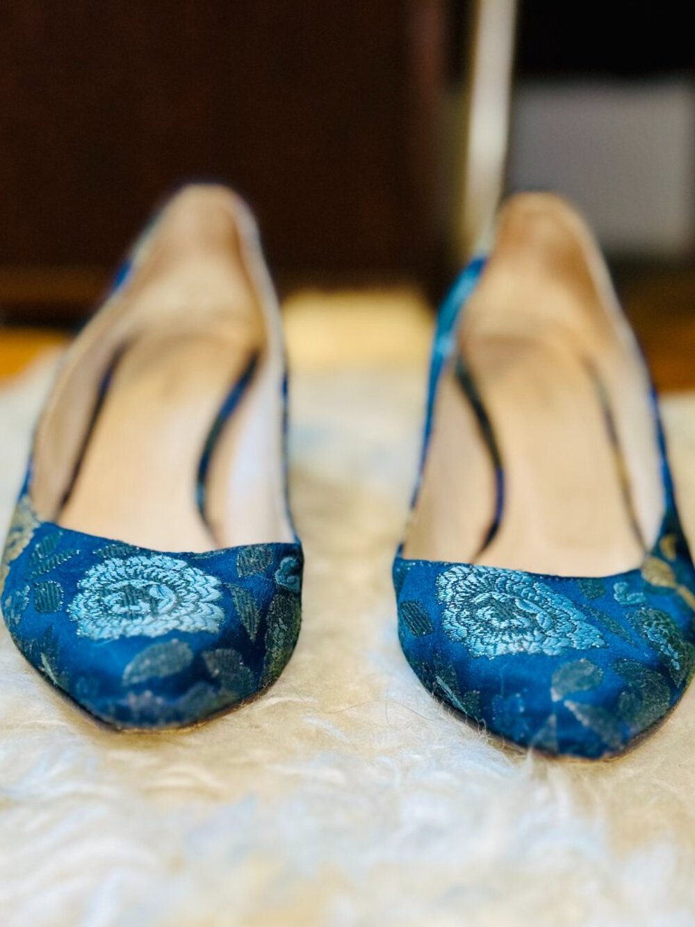 Jacques Levine Brocade Block Heels Made in Spain Leather Sole Women's 9